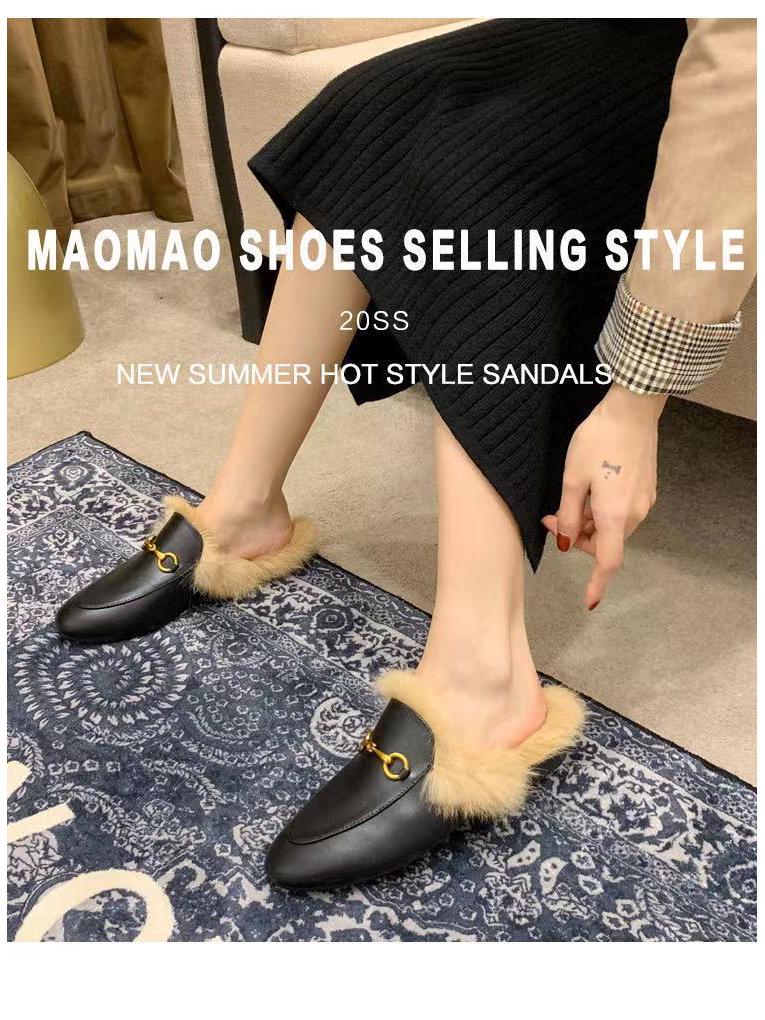 2025 Women's Genuine Leather Furry Half-Slippers with Horsebit Strap - Warm Autumn/Winter Shoes