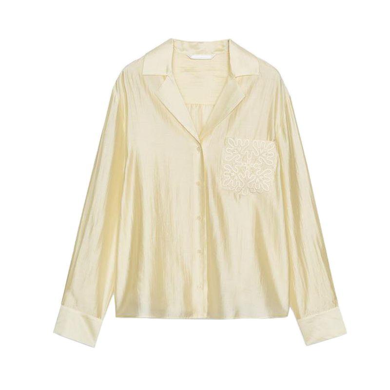 Autumn New Women's Clothing Minimalist Embroider Pocket Lapel Shirt Tops 4786079 4786179
