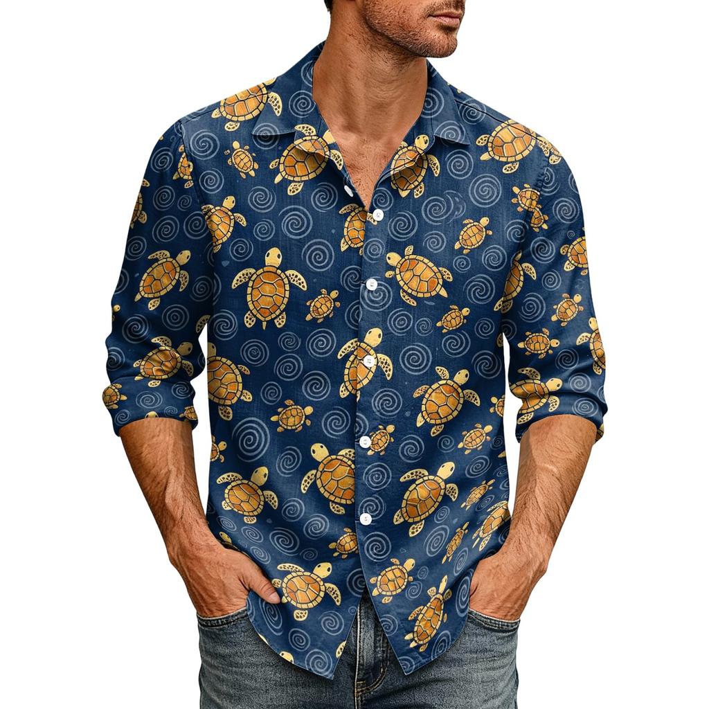 Men's Loose Fit Long Sleeve Shirt Vintage Style Casual Button Down Shirt with Spread Collar Suitable for Spring and Autumn