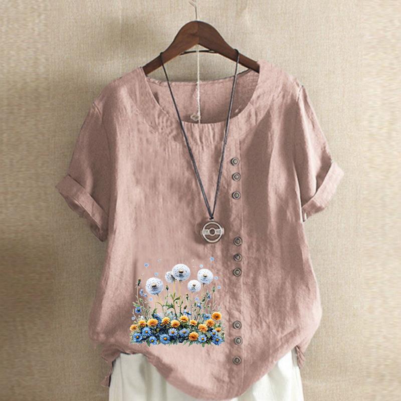 Women's Fashion Flower Cluster Prined Short Sleeve T-shirt Loose Cotton Shirt Casual Loose Summer Blouse Tops Plus Size