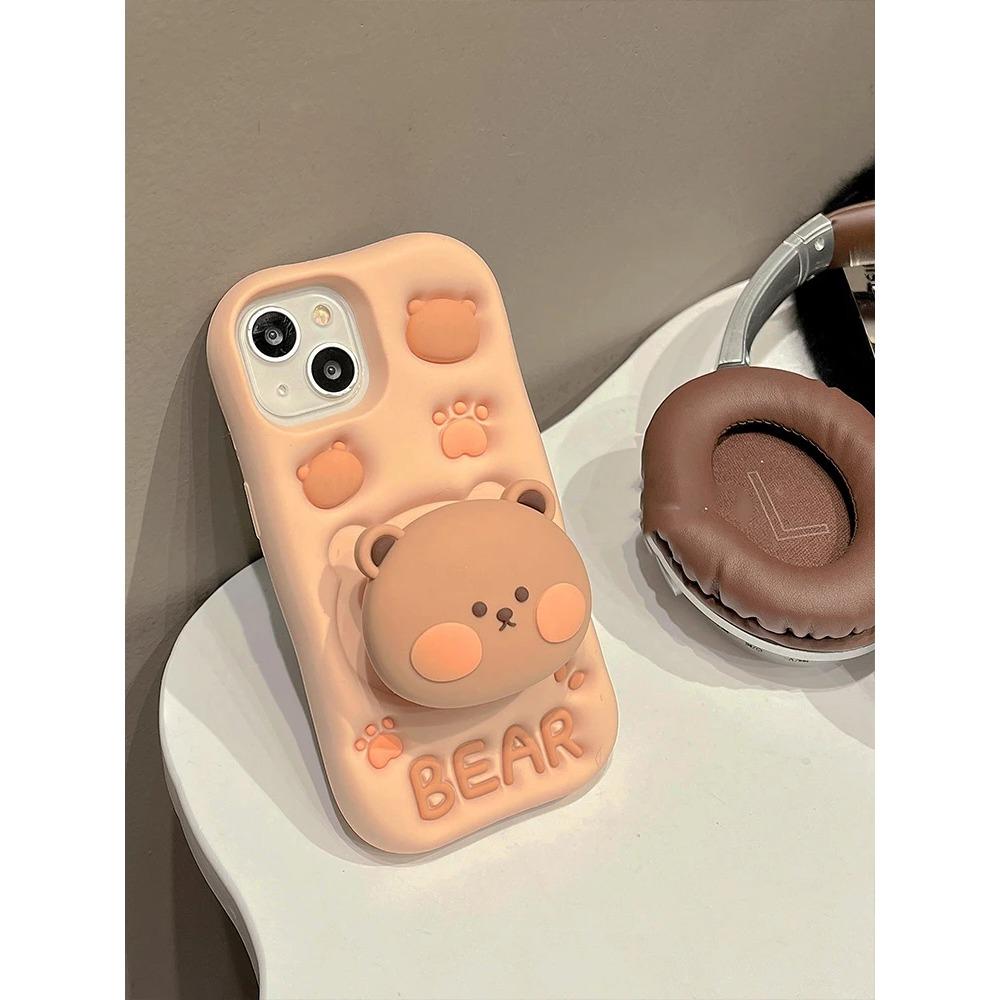 Lovely 3D Bear Hidden Holder Stand Silicone Phone Case For iPhone 11 12 13 14 15 16 Pro Max XS XR X 7 8 Plus Cute Girl Cover
