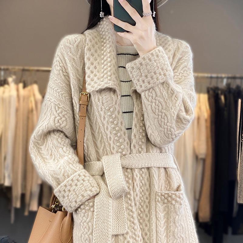 Women's Wool Knit Lapel Coat with Pockets - Autumn/Winter Mid-Length Belted Cardigan