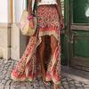 Kadın Maxi Etek Yüksek Bel Düzensiz Etek Çiçek Baskı Bohem Ön Kısa Arka Uzun Elastik Bel Patchwork Bayan Tatil Plaj Uzun Etek