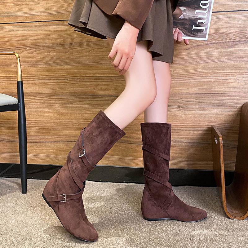 Leather Flat Boots Women's Inner Heightening Knight Boots Cross Buckle Pleated Pile Boots Skinny Boots Women