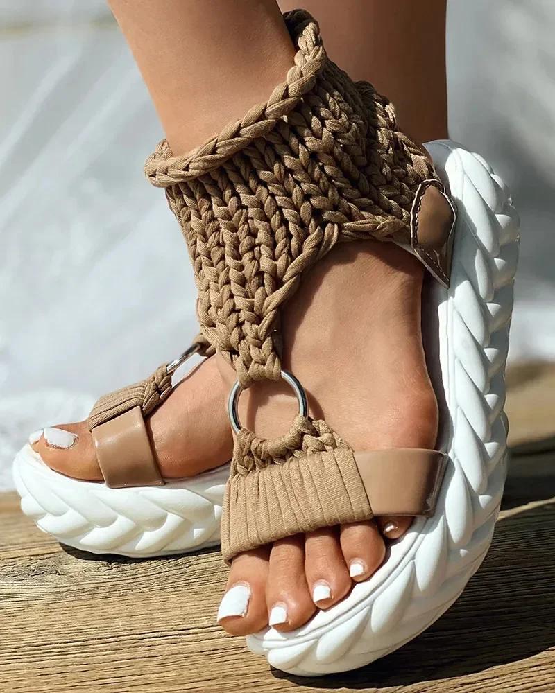 Fashion 2025 Hot Seller New Gold Knitted Sandals for Women Braided Elastic Summer Shoes Mesh Flat Bottom Hollow Out Female Sandals