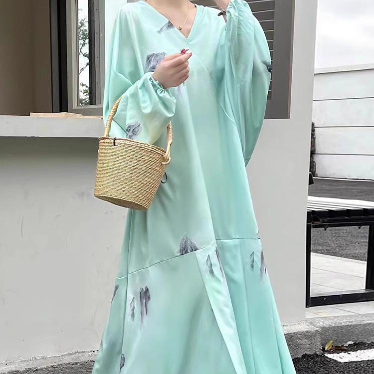 Moda Koreańska Elegancka Wiosna Lato Retro Wakacje Styl Dekolt w serek Atramentowy nadruk Projekt Luźna Swobodna Sukienka Z Rękawem Nietoperzowym Kobiety