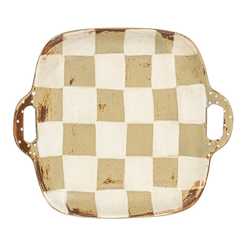 Checkerboard Binaural Plate Coarse Pottery Plate Practical Portable Plate Minimalist Tableware Plate Household Vegetable Plate Salad Plate