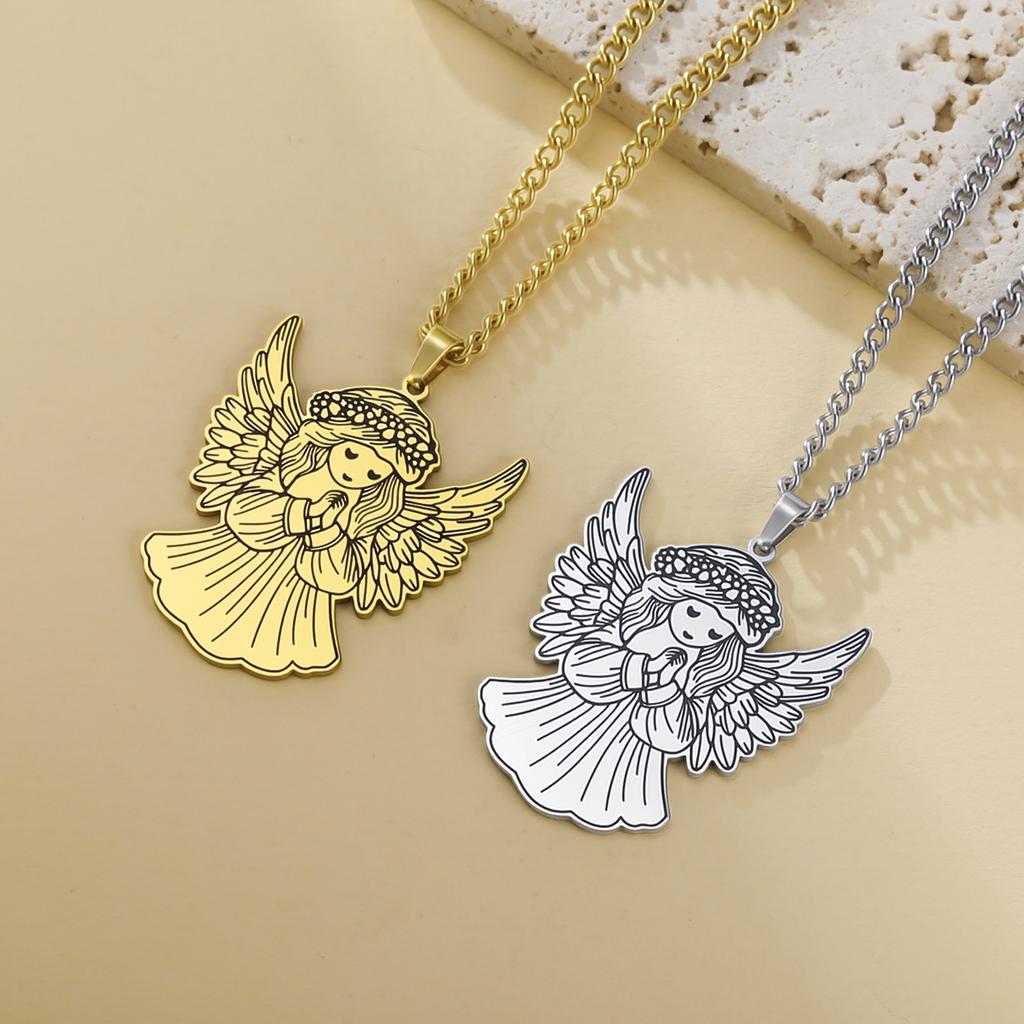 Gold Plated Praying Angel Necklace for Women Stainless Steel Guardian Angel Pendant Necklace Spiritual Religious Jewelry Gift