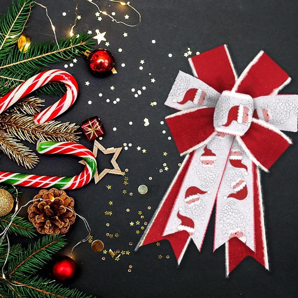 2 PCS Christmas Bows for Wreath Xmas Santa Shining White Red Burlap Bows Santa Claus Craft Bow Winter Tree Topper for Decoration