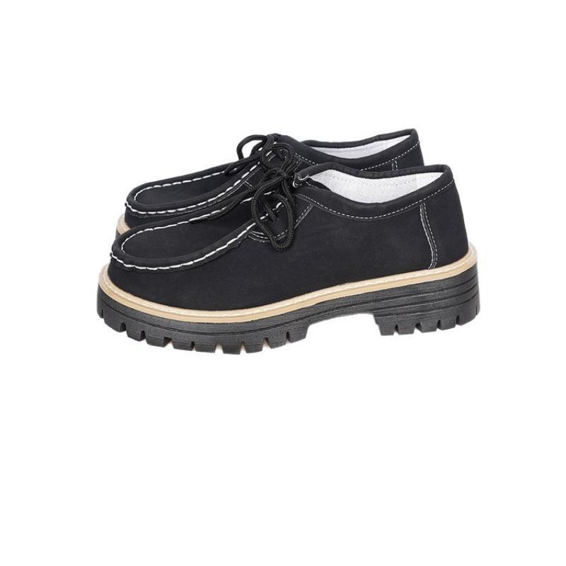 Women's Block Heel Non Slip Lace Up Leather Shoes Spring Autumn Solid Color British Style Loafers