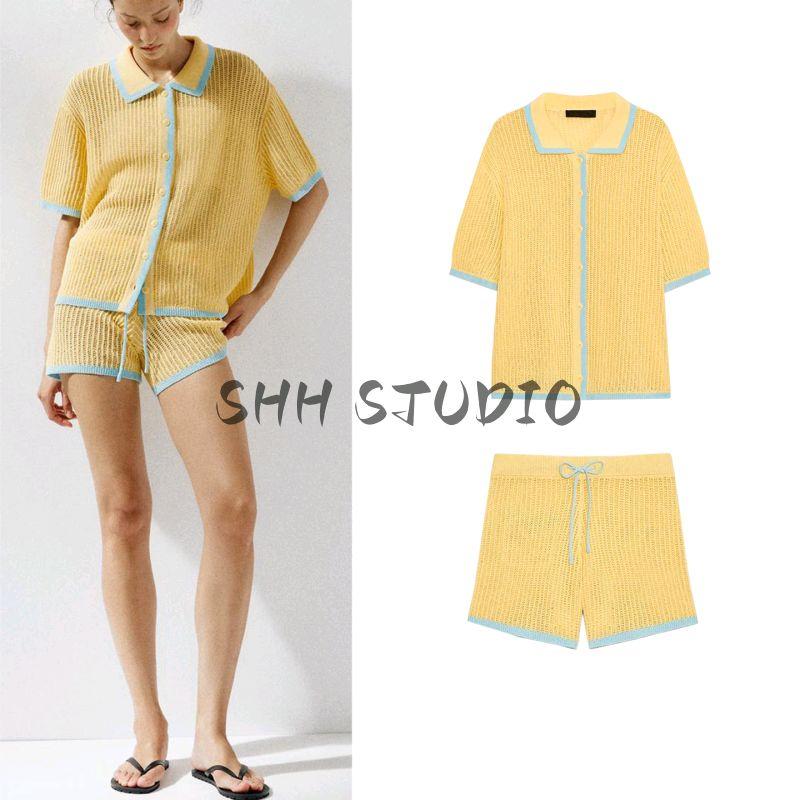 Simple Knitting Polo Collar Short Sleeve Jacket 3920260 Knitted High Waist Casual Shorts 3920261