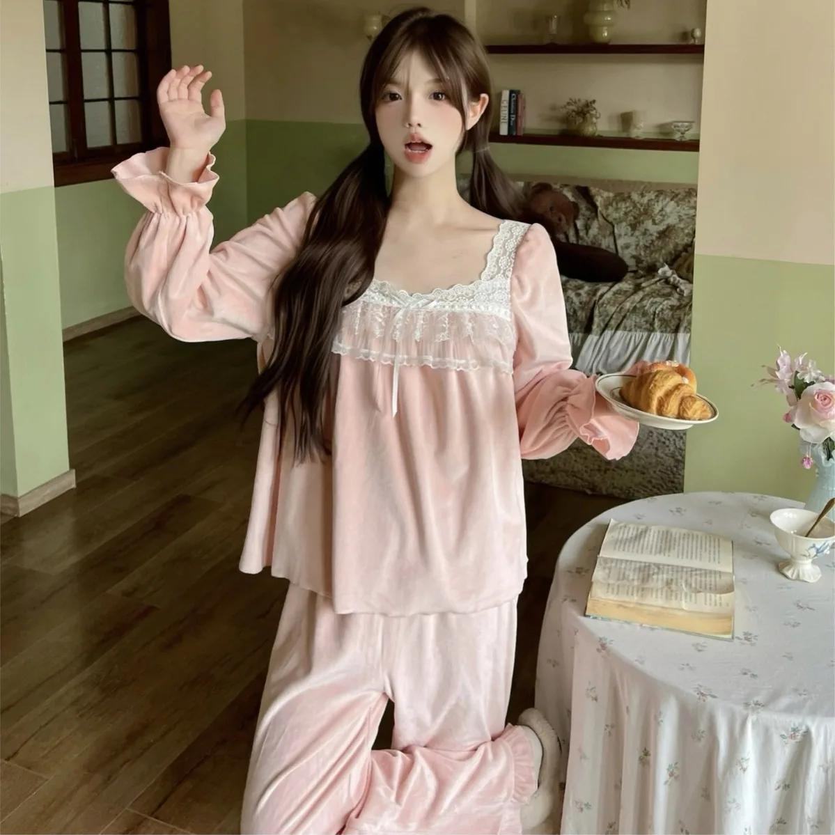 

Женский комплект из 2 предметов пижамы, костюм Island Velvet Top и брюки, свободный наряд, зимняя одежда для сна в стиле принцессы, ночная рубашка для осени, домашняя одежда XL розовый