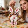 Easter Bunny Wooden Sign Hanging Decoration 2D Spring Rabbit Wood Ornament with Floral Wreath and Bow for Seasonal Home Wall Decor