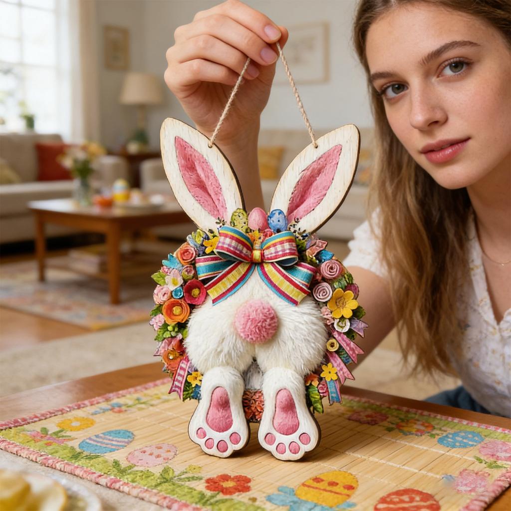 Easter Bunny Wooden Sign Hanging Decoration 2D Spring Rabbit Wood Ornament with Floral Wreath and Bow for Seasonal Home Wall Decor
