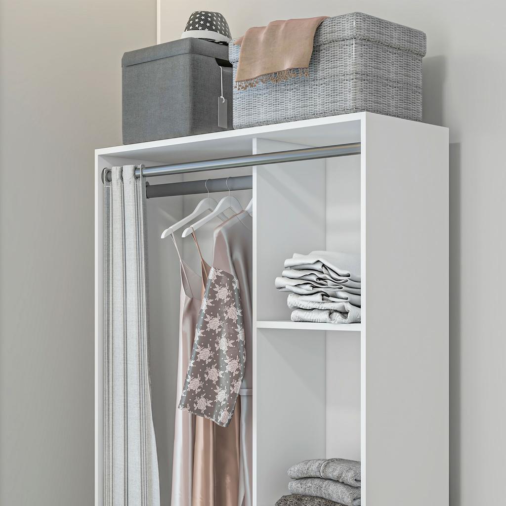 Wardrobe Storage Cabinet with Rail Curtains 3 Removable Fabric Drawers 105 X 48 X 160 Cm White