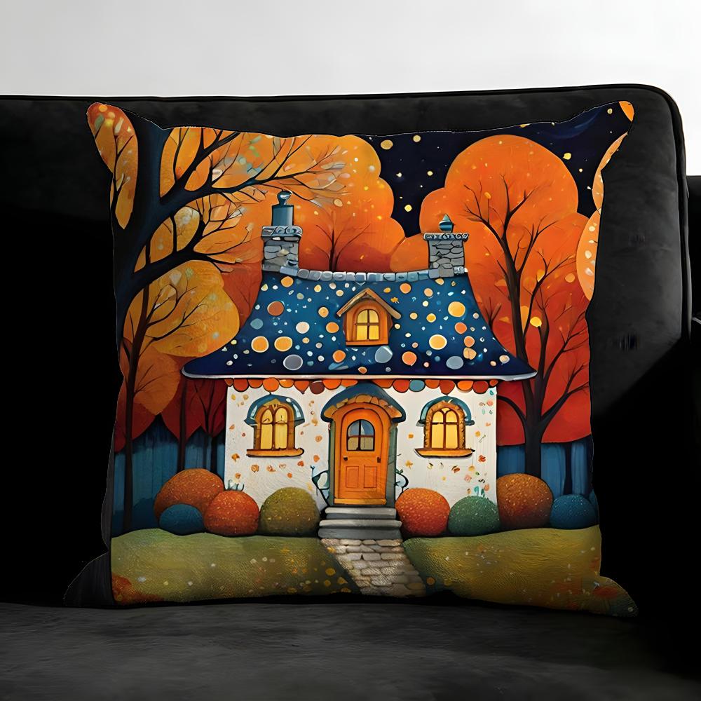 Painted Forest House Cushion Cover Pillowcase Ultra Soft Skin Friendly Fabric Cloud Like Comfort & Concealed Zipper