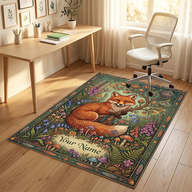 Fox Garden Theme Soft Crystal Velvet Rug Custom Name & Text Print Non Slip Floor Rug for Bedroom Living Room