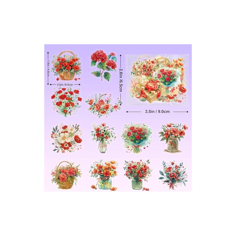 50 Hojas de Pegatinas Transparentes Rojas Impermeables con Flores para Scrapbooking, Pegatinas Florales Botánicas, Perfectas para Diarios, Manualidades y Proyectos de Arte