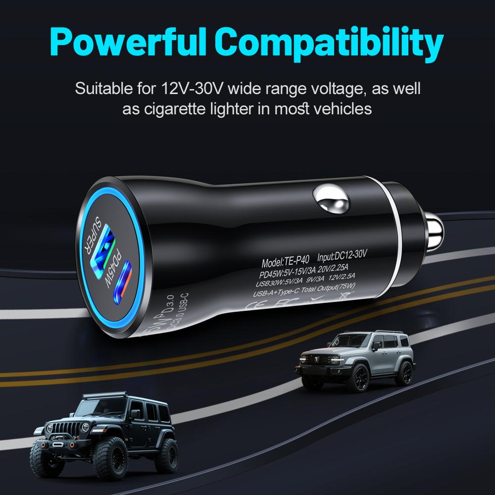 QC3.0 45W Car Charger USB Type C Dual Port Fast Charging Car Power Adapter Universal Phone For Samsung For iPhone Series ect.