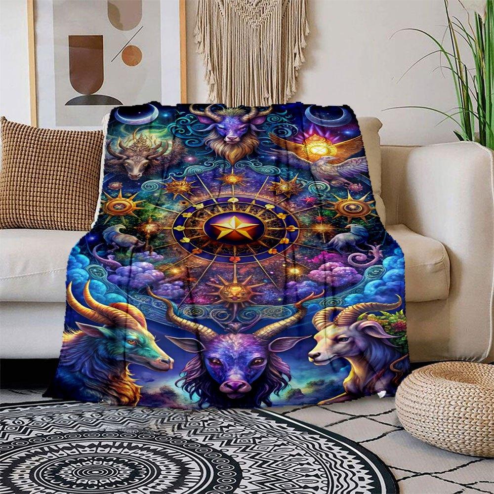

Enchanted Zodiac Mandala Wall Art Print Blanket Flannel Throw Blanket for Sofa, Bed, Travel, Camping, Office, Couch, Chair, And Bed Gift fo 150x180cm