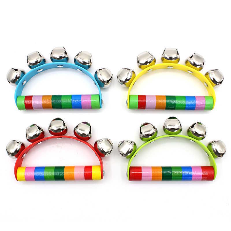 Seven-Color Wooden Handle Semi-Circular Hand-cranked Children's Educational Musical Rattle with Five Colorful Bells
