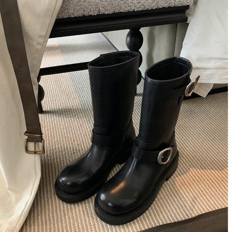 

Vintage metal buckle round head polished Martin boots leather locomotive stack short boots women 40