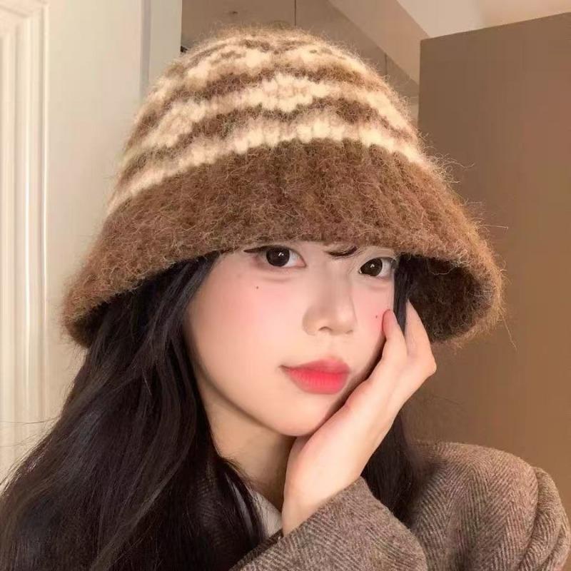Women Fair Isle Knit Fisherman Hat Large Head Size Warm Bucket Hat