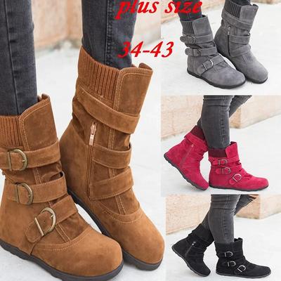 Schuhe für Damen Warme Schneestiefel Flache Plüsch Freizeitschuhe für Damen Herbst Schnalle Damen Mid-Calf Stiefel Übergröße 35-43 Stiefel Damen