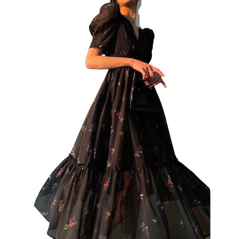 Květinové šaty pro ženy 2023 Móda Vintage Krátké rukávy Letní šaty s výstřihem do V