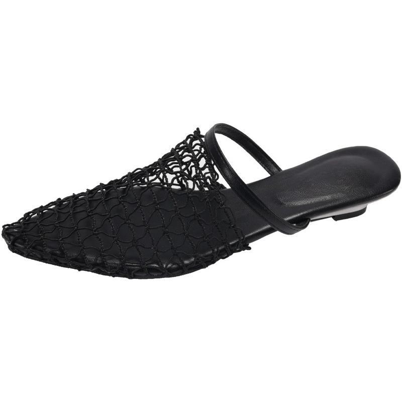 Woven Mesh Breathable Sandals Summer New Pointed Toe Wrapped Toe Cover Foot Non-Slip Wear-Resistant Low Heel Slippers