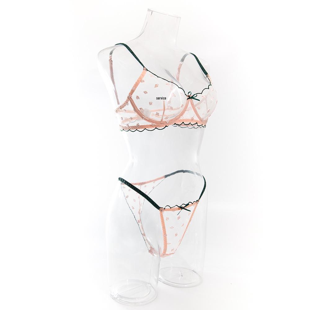 European & American Cross-Border Women's Sexy Bra Set with Card Pattern Embroidery, Transparent Lace, and Underwire Push-Up Design.