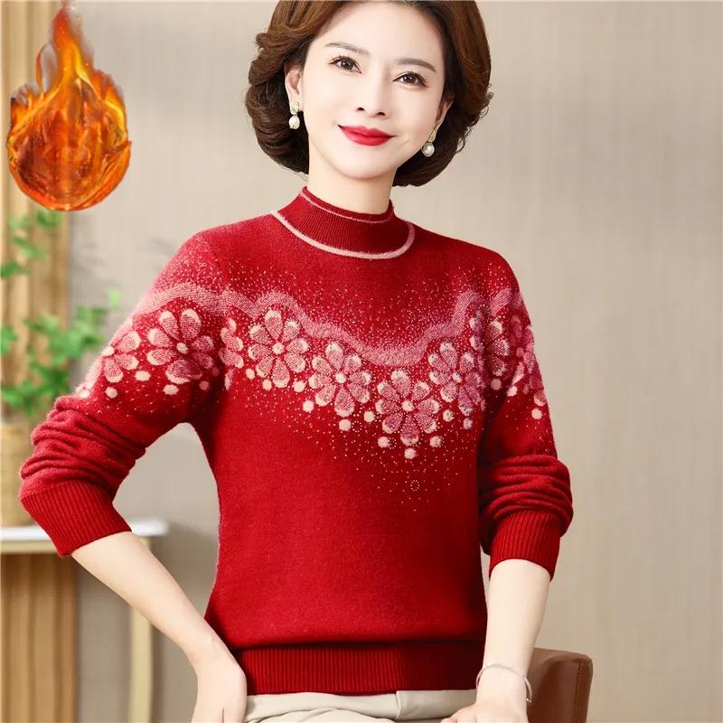 Women Winter Sweater High End Fashion Plush Tnicken Warm Knitted Pullover Middle-aged Women Elegant Jumper Femme Knitwear