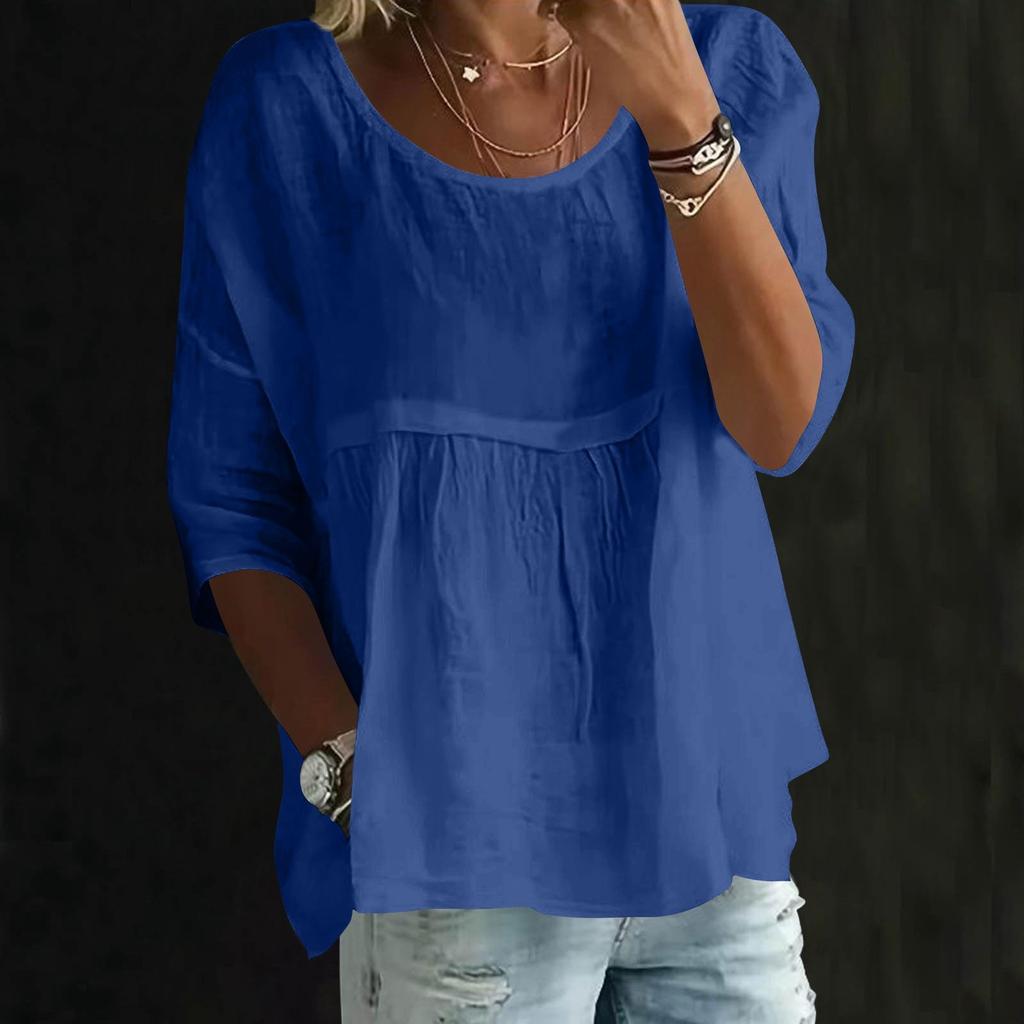 Womens Fashionable Solid Color Round Neck Three-quarter Sleeve Loose Round Neck Top