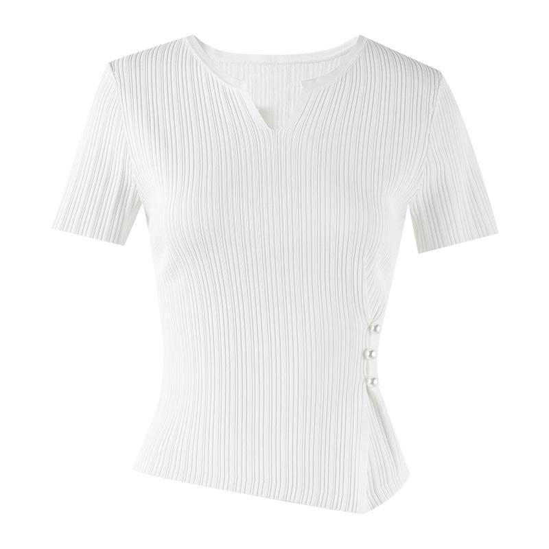 Autumn Water Yi Ren Basic V-Neck Short Sleeve Knit Top with Slit Hem S