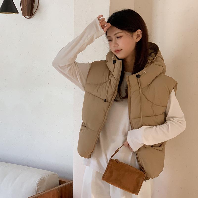 Damhöstens och vinterns korta bomullsjacka med huva, förtjockad, lös väst