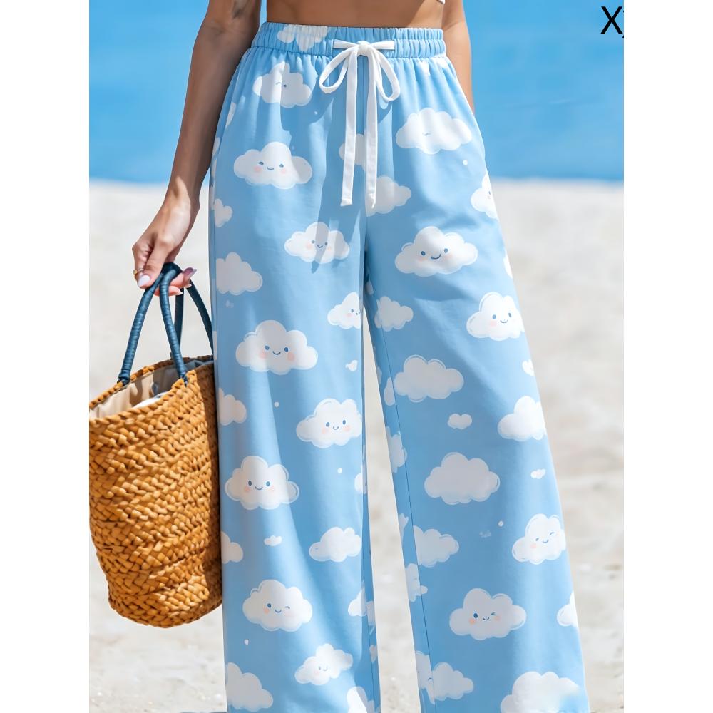 Large-sized Printed Pants, Casual Tie Waist Wide-leg Pants, Spring and Summer, Large-sized Women's Clothing