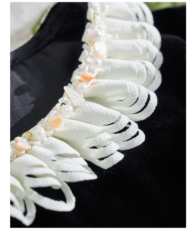 Women's French Retro Mulberry Silk Velvet Top with Lace & Butterfly Trim