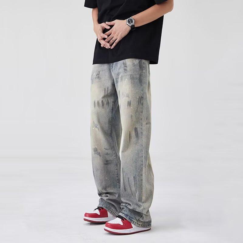 Amerikanische Street Washed Vintage Jeans Herren Frühling und Herbst Gerades Bein Locker sitzend Europäischer und Amerikanischer High Street Vibe Stil Lange Hosen