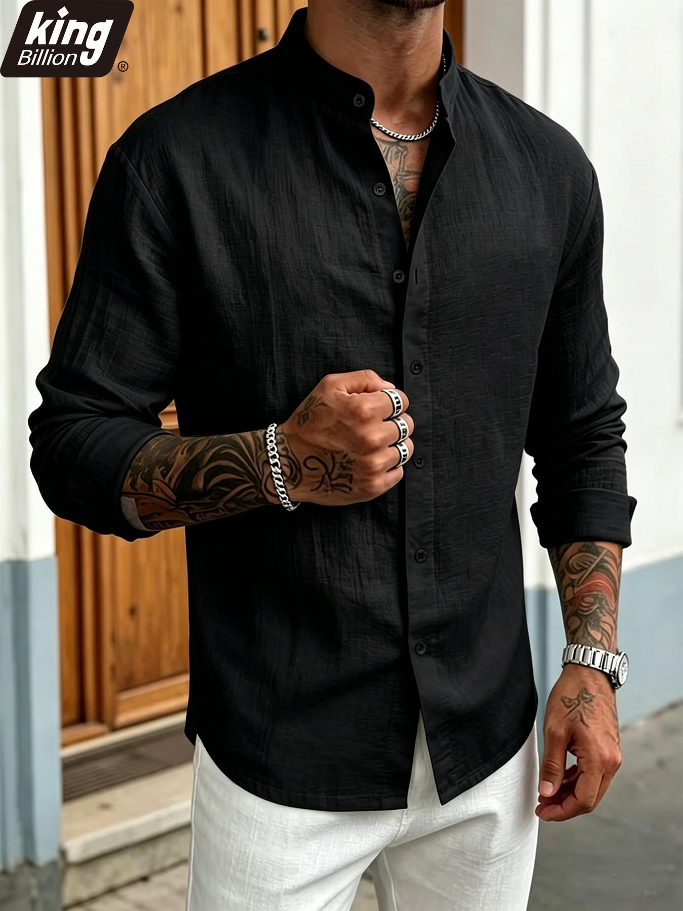 Herren Weißes Leinenhemd mit Mandarinkragen - Langarm Button-Up Lässig Atmungsaktiv Sommer Strandurlaub Lockeres Oberteil L schwarz
