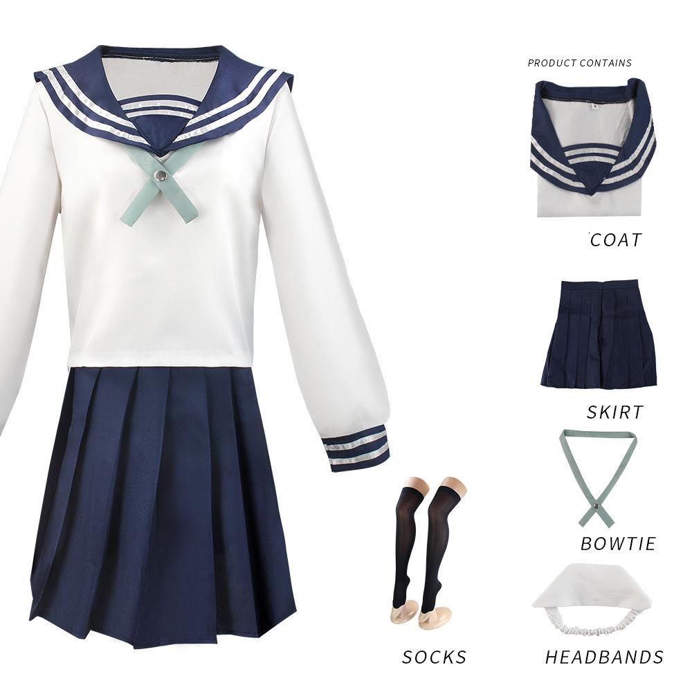 Cosplay Costume Anime Yuyutsu Kashin Amanai Riko JK Dresses Uniform Sailor Navy Blue πλισέ φούστα+ Top+παπιγιόν+σετ κάλτσες κεφαλής