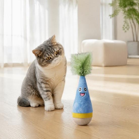 Pet Stimulation Toy for Indoor Play Wooden Wobble Cat Toy, Self-Righting Tumbler with Feather Cats, Interactive Plush Hunting Cats Punching Bag Stable