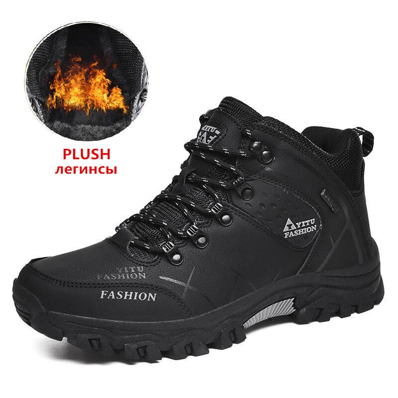 Brand Men's Winter Snow Boots Plush Warm Ankle Boots Waterproof Leather Sneakers Outdoor Male Hiking Boots Work Shoes Size 39-47