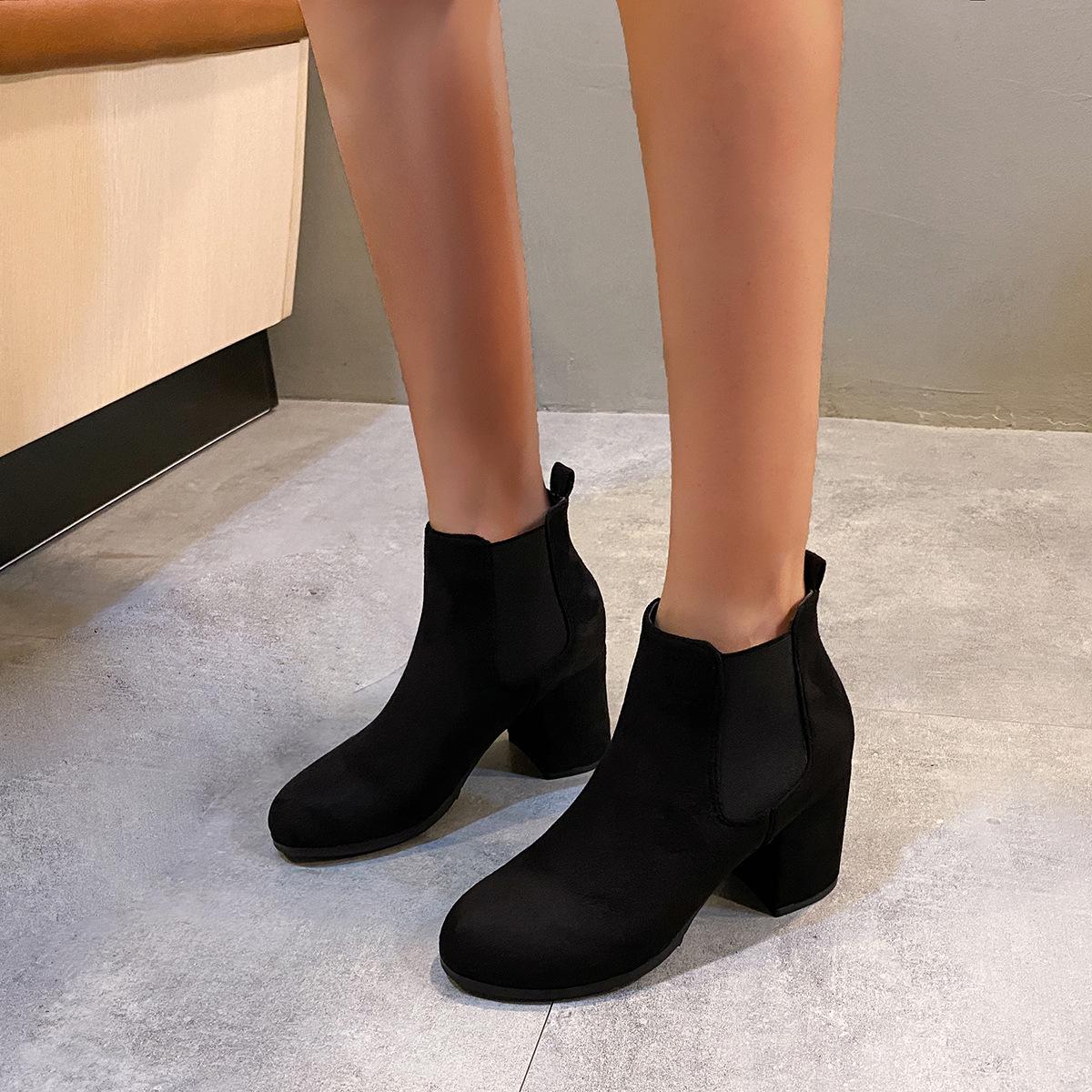 Korean Style Women s Suede Ankle Boots, Round Toe, Thick Heel, Elastic Band, Plus Size, Autumn/Winter 2025 40