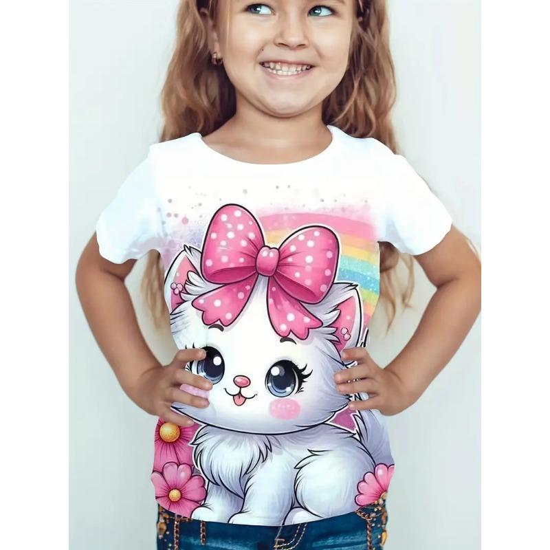 Children's Short Sleeved T-shirt Girls' Round Neck Summer Cat Print Fashionable Casual Versatile T Shirt
