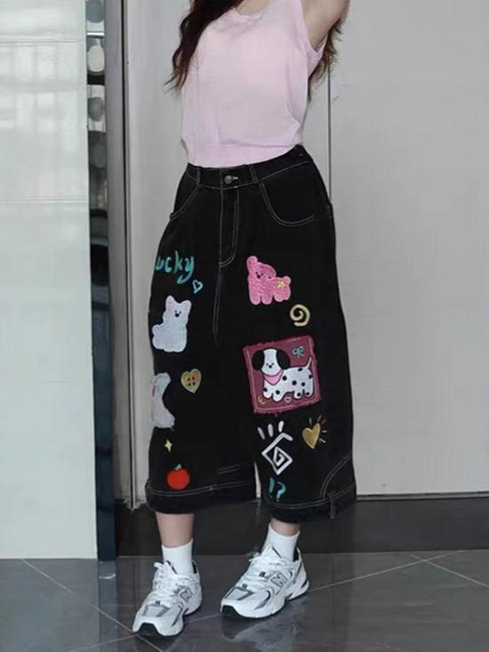 Autumn 2025 Children's Cartoon Puppy Denim Shorts - Yamen Girl's Versatile Cropped Pants