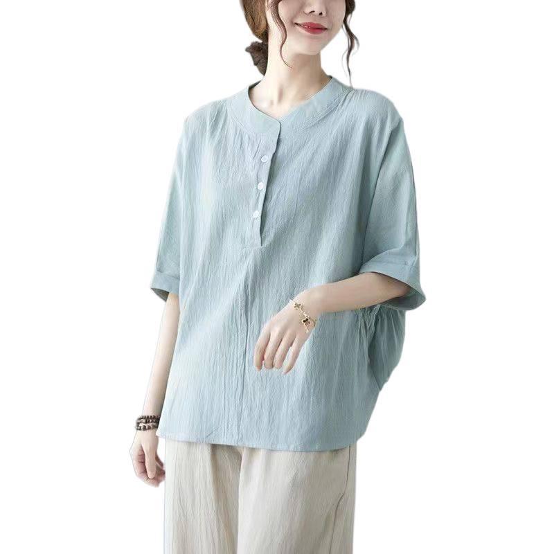 Plus Size Summer Cotton Linen Short-Sleeve Set for Middle-Aged Women - Fashionable Casual Two-Piece Outfit