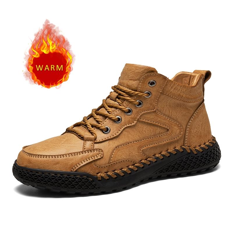 Italian Brand Trendy Men's High Top Shoes Wear-resistant Workwear Shoes Winter Velvet Thick Soled Men's Ankle Boot Straps