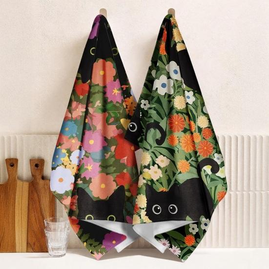 2 Pezzi Strofinacci Colorati Gatto Fiore Super Assorbenti Riutilizzabili Asciugapiatti Lavabili in Lavatrice