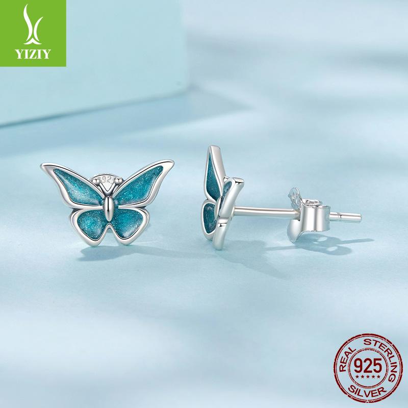 

S925 Sterling Silver Blue Butterfly Small Stud Earrings Female Dream Small Fresh Insect Stud Earrings 925 silver