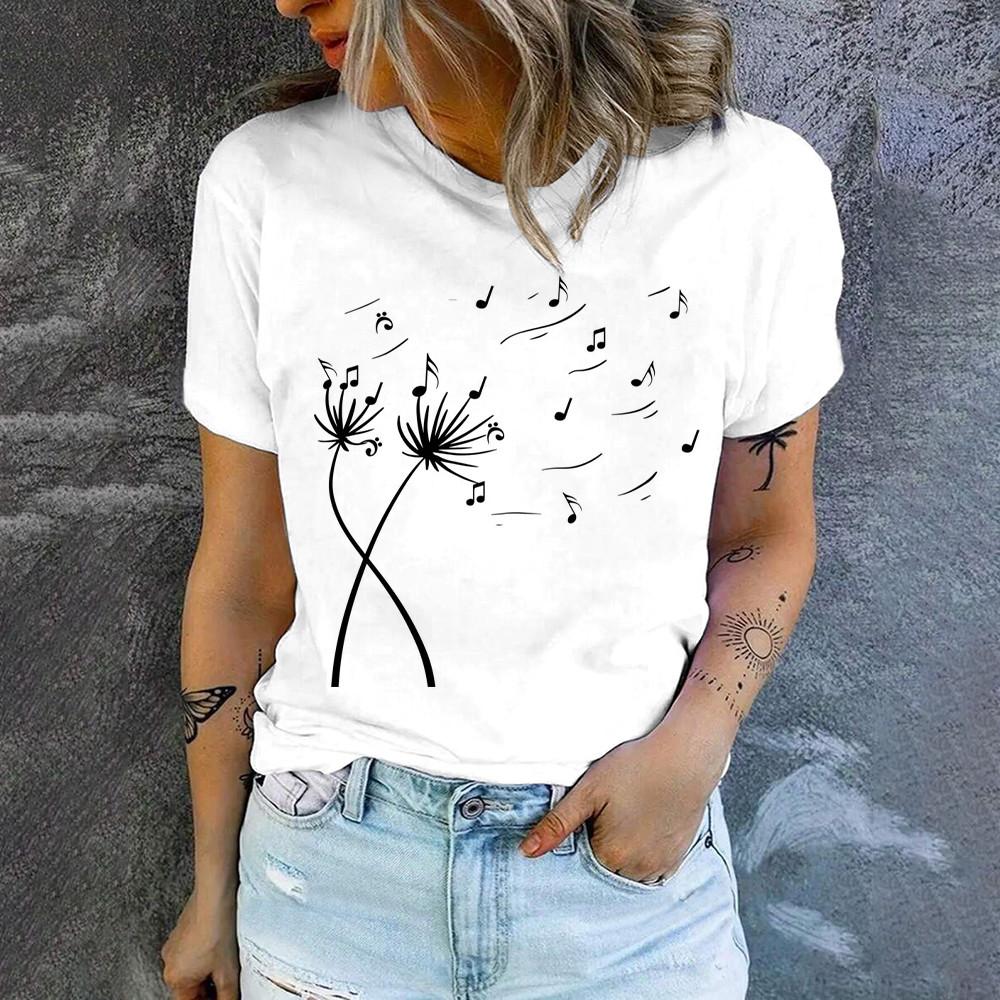 Camiseta de manga corta holgada y transpirable con estampado de diente de león para mujer, camiseta de verano de alta calidad, nueva y sencilla camiseta de cuello redondo